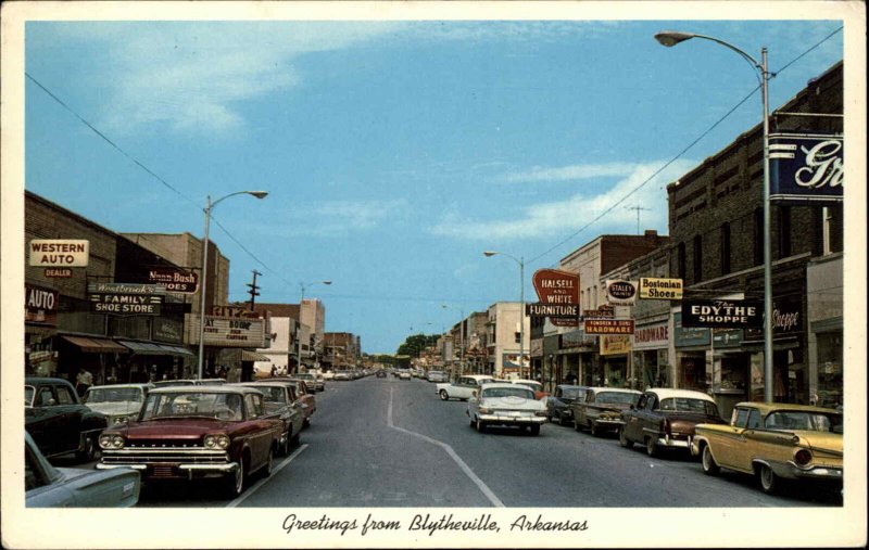 Blytheville Arkansas AR Classic 1960s Cars Street Scene Vintage Postcard