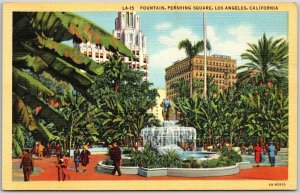 Los Angeles California CA, Fountain, Statue, Pershing Square, Vintage Postcard