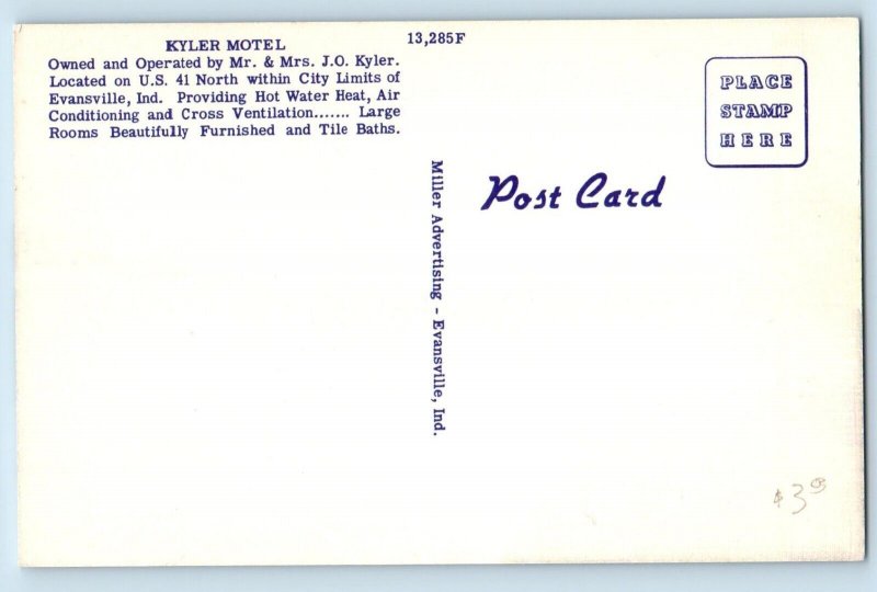 Evansville Indiana Postcard Kyler Motel Exterior Signage Scene c1940's Vintage