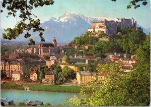 Postcard Austria Salzburg - castle of Hohensalzburg and the Untersberg