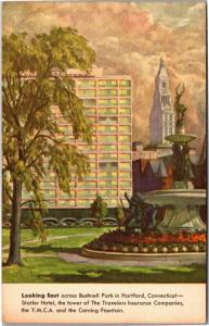 Bushnell Park, Statler Hotel, YMCA, Travelers Hartford CT Linen Vtg Postcard M11