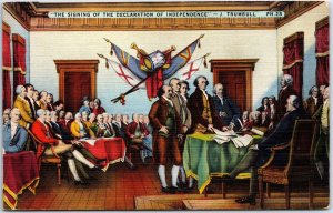 VINTAGE POSTCARD THE SIGNING OF THE DECLARATION OF INDEPENDENCE BY TRUMBULL