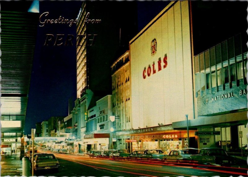 Perth, Western Australia  MURRAY STREET SCENE~Night  STORES~COLES  4X6 Postcard