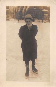 Winter Scene Boy in Ice Skates Real Photo Antique Postcard J63869