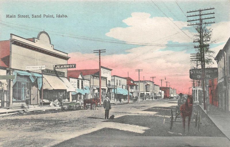 SAND POINT Idaho Main Street Scene Jeannot c1910s Hand-Colored Vintage Postcard