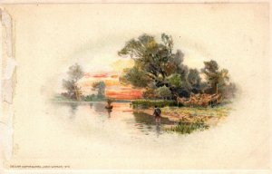 VINTAGE POSTCARD BEAUTIFUL SUNSET TREES LAKE PEOPLE FISHING ART VIEW SCENE 1912