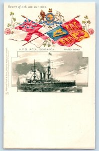 1900 Pretoria Tuck Vintage Postcard Hearts Oak Men H.M.S. Royal Sovereign Ship