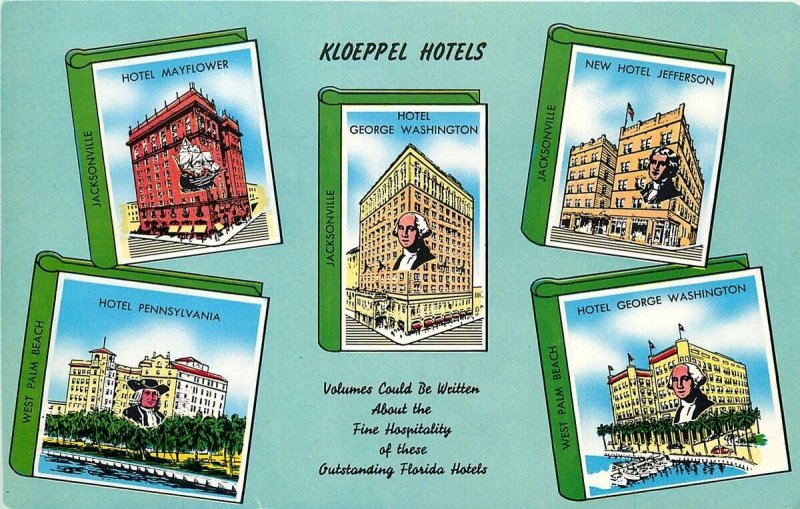 JACKSONVILLE W PALM BEACH FL KLOEPPEL HOTELS MULTI VIEW POSTCARD c1950s