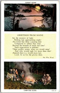 Greetings From Maine ME Sunset & Campfire Scene Poetry By Wm Wood Postcard