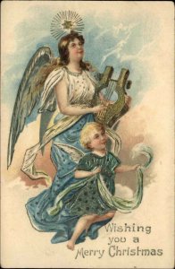 Christmas Lovely Woman and Little Girl Angels with Harp c1910 Vintage Postcard