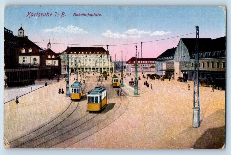 Karlsruhe Germany Postcard Train in Station Square 1920 Posted Antique