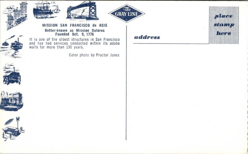 Mission San Francisco de Asis Proctor Jones Gray Line Postcard Unposted UNP Vtg 