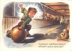 Comic sport bowling artist caricature 1948 Switzerland postcard 