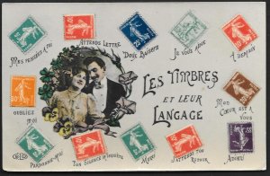 FRANCE Stamps on Postcard Language of Stamps Man & Lady Used c1910s