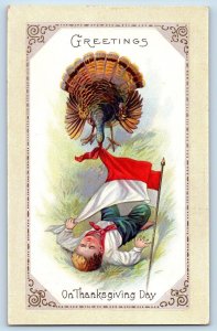 Thanksgiving Postcard Greetings Little Boy And Turkey Embossed 1915 Antique