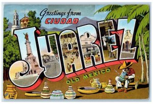 c1930's Greetings from Ciudad Juarez Old Mexico Vintage Unposted Postcard