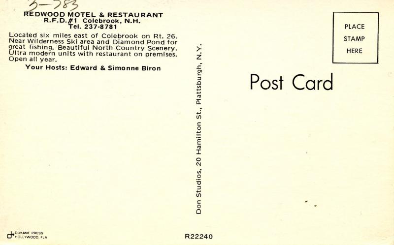 NH - Colebrook. Redwood Motel & Restaurant