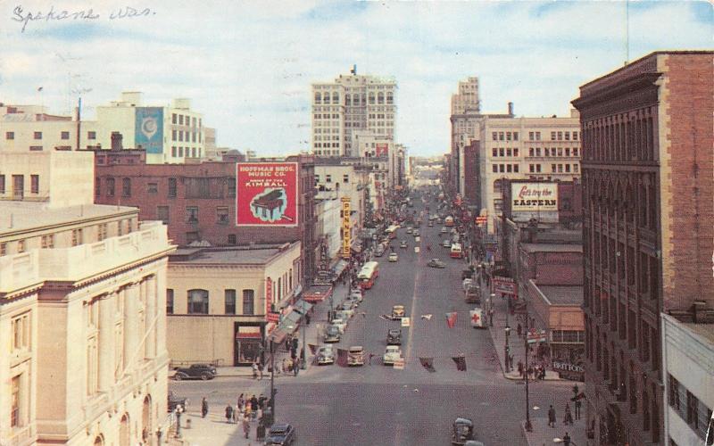 Spokane Washington~Riverside Avenue East~Hoffman Bros Music Co~Theatre~Flags~'53