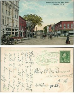 CENTRAL SQUARE & MAIN STREET ROCHESTER N.H ANTIQUE POSTCARD