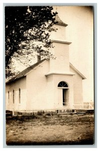 Vintage 1910's RPPC Postcard Large White Country Church with Picket Fence