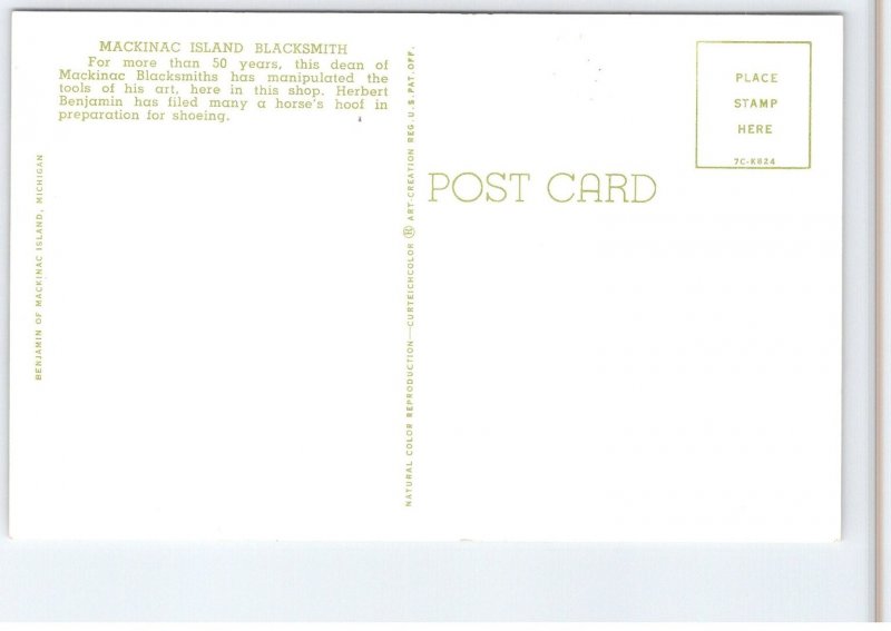 Mackinac Island Blacksmith Herbert Benjamin Horse Shoeing Curteich Postcard