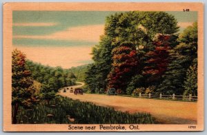 Postcard Pembroke Ontario c1930s Scenic View of Road Old Cars Linen Unused