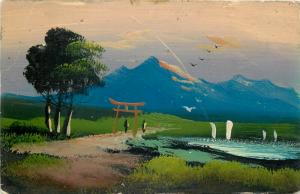 Japanese art work postcard painted landscape early postcard Japan