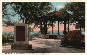 Vintage Postcard 1920's Fountain & Band Stand The Battery Charleston S.C.