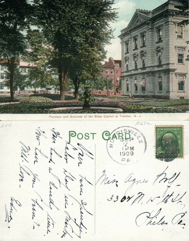 TRENTON N.J. STATE CAPITOL FOUNTAIN & GROUNDS 1909 ANTIQUE POSTCARD