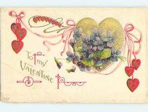 Chipped Divided-Back Valentine GOLD HEART & PINK RIBBON & PURPLE FLOWERS o5485
