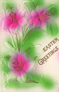 EASTER GREETINGS 1911 Embossed Airbrushed Postcard Easter Lillies Green & Pink