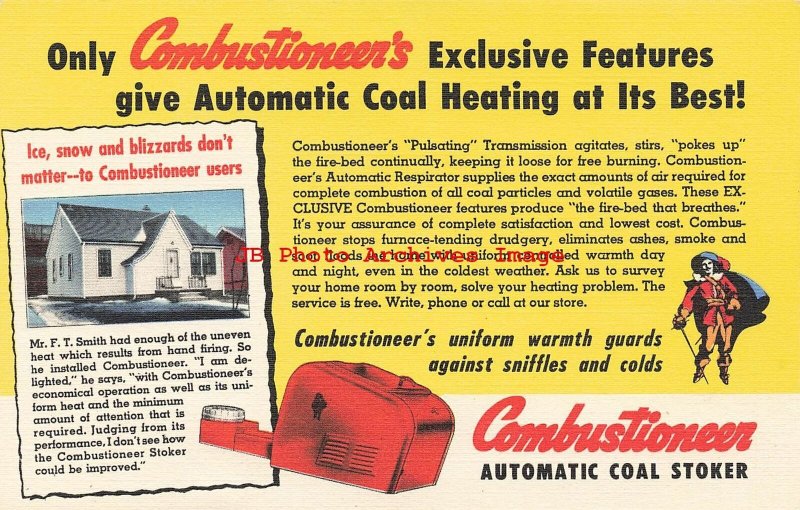 Advertising Linen Postcard, Combustioneer Automatic Coal Stoker