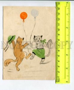 430277 USSR RUSSIA Dancing cats with balloons Vintage hand paint postcard