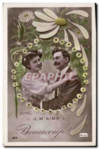Old Postcard Fantasy Flowers of Language He m & # 39aime Woman