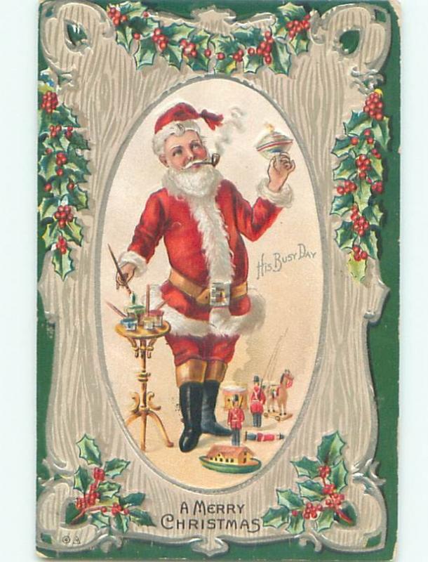 Pre-Linen Christmas SANTA CLAUS PAINTING A SPINNING TOP AB4699