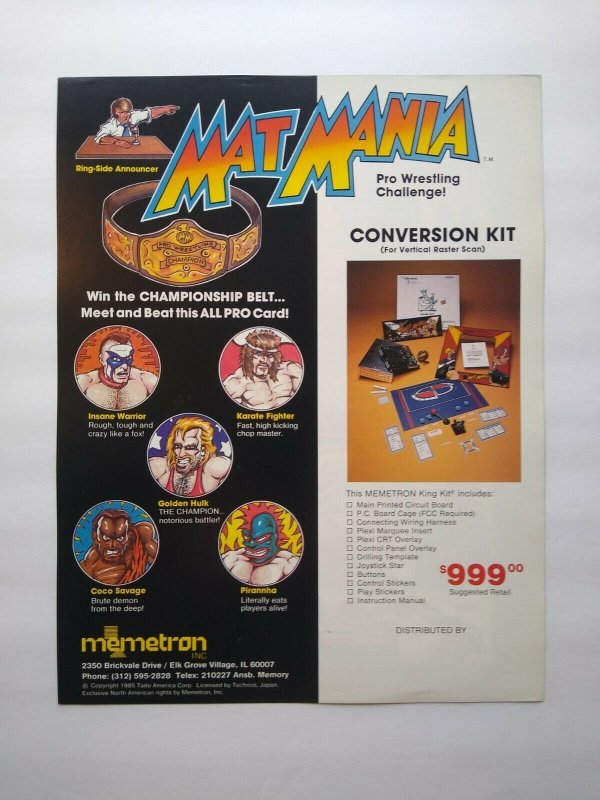 Mat Mania Memetron Arcade FLYER Original Video Game Wrestling Vintage Retro 1985