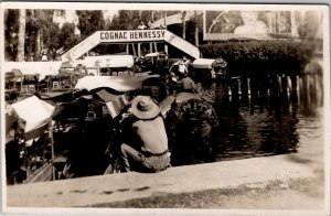 Mexico Xochimilco Advertising Cognac Hennessy Float Boats Men RPPC Postcard Z24