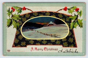 A Merry Christmas Antique Postcard with Night Winter Scene and Lucky Clovers  P3