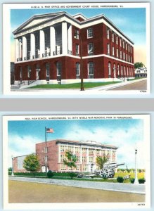 2 Postcards HARRISONBURG, VA ~ High School, Court House, Post Office, etc 1940s