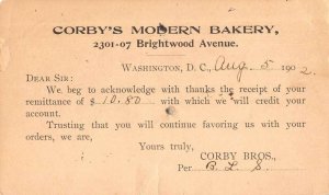 Washington DC Corby's Modern Bakery Credit Receipt Vintage Postcard AA16419