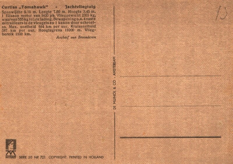 Curtiss Tomahawk Aircraft Vintage Postcard BS16