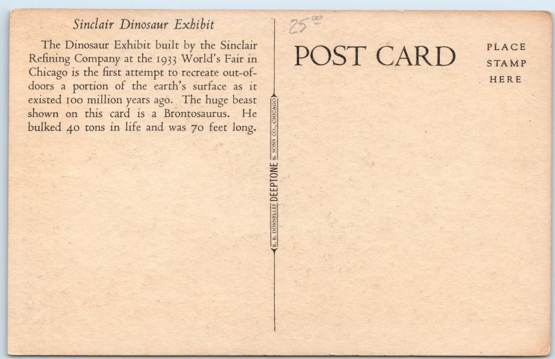 1933 Chicago Sinclair Dinosaur Brontosaurus Linen Postcard Century Progress A90