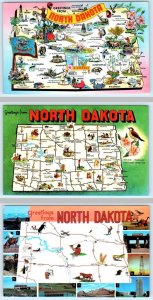 3 Postcards NORTH DAKOTA, ND ~ Illustrated State Maps ca 1950s