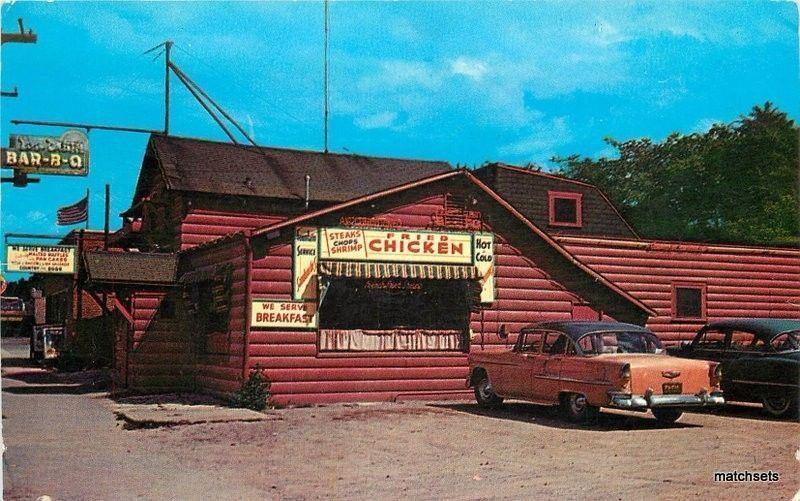 1950s Log Cabin Barbecue autos Roadside New Buffalo Michigan Teich postcard 4856