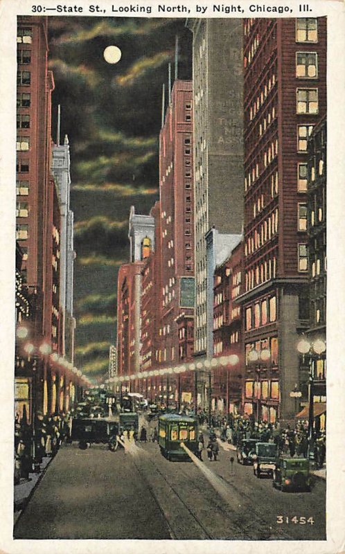 c1920s State Street North View Cars Truck Trolley Night Chicago IL P377 