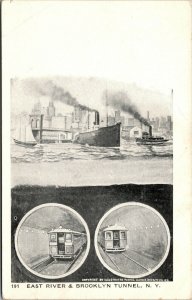 Vtg 1900s East River & Brooklyn Tunnel Ships Trains New York NY Postcard