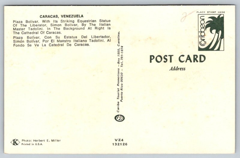 Caracas  Venezuela   Plaza Simon Bolivar Postcard
