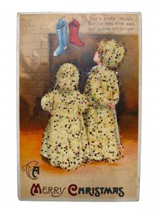 Christmas Postcard Ellen Clapsaddle Children Stockings Mica Glitter Germany 2933