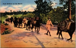 Vtg 1940's Pack Artillery On The March Soldiers Horses Military Linen Postcard