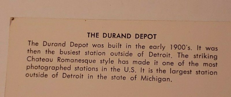 Vintage postcards Historic Railroad Train Depot Durand Michigan 1988